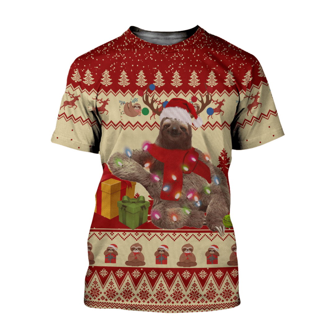  Sloth T-shirt Sloth With Christmas Gifts Red Pattern T-shirt Hoodie Adult Full Print