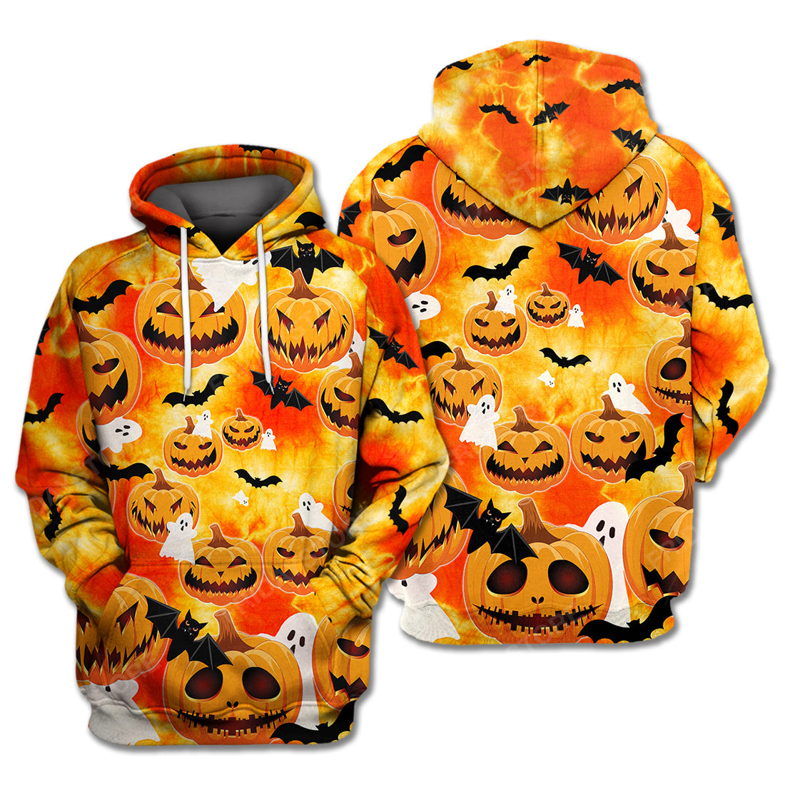 Halloween Hoodie Pumpkin Hoodie Scary Face Pumpkin Ghost And Bats Tie Dye Orange Hoodie