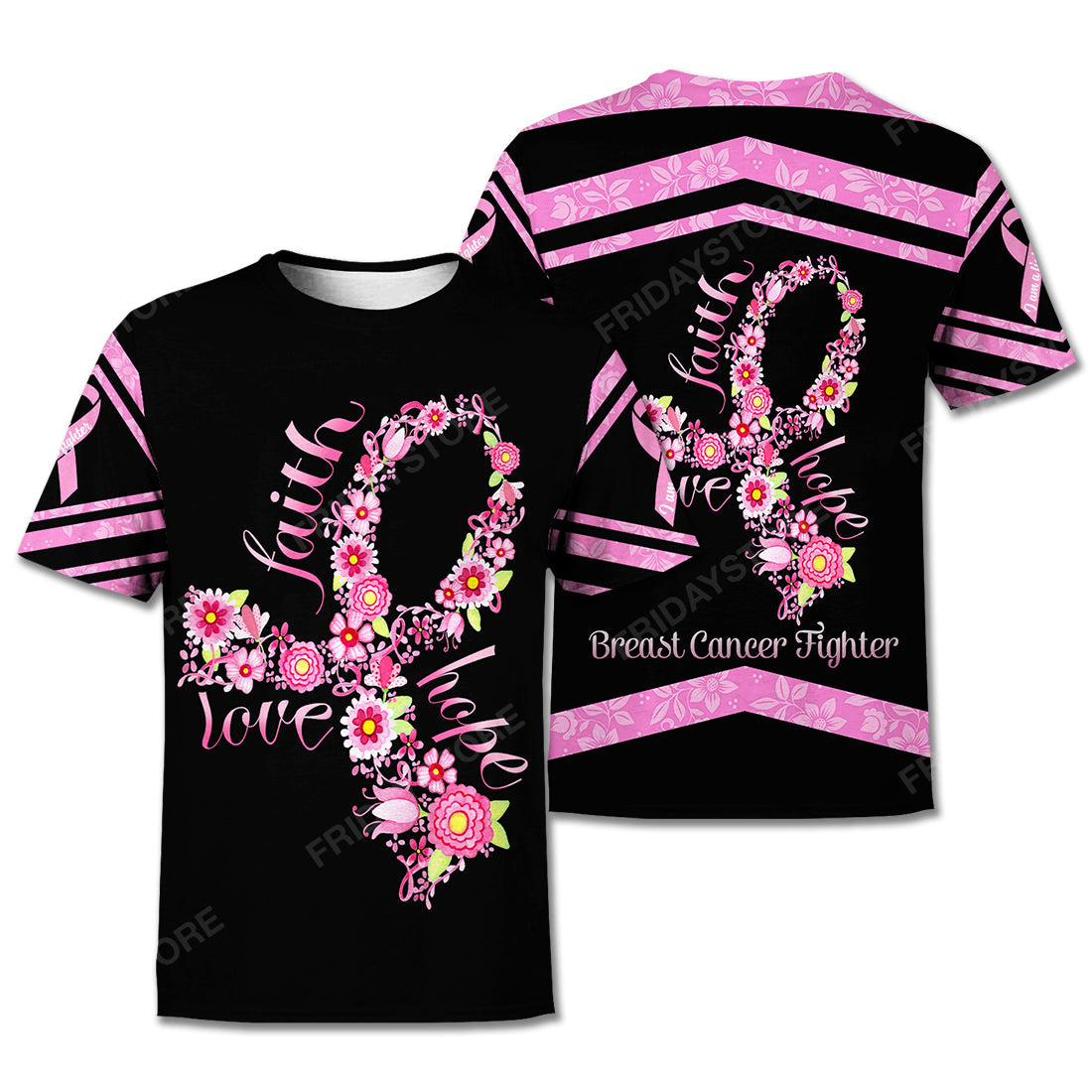  Breast Cancer T-shirt Breast Cancer Fighter Faith Hope Love Flower Ribbon Black Pink Shirts For Women