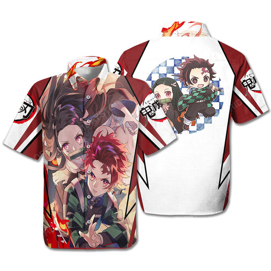 Unifinz Demon Slayer Hawaiian Shirt Tanjiro Nezuko Cool And Chibi White Red Hawaii Shirt Demon Slayer Aloha Shirt 2022