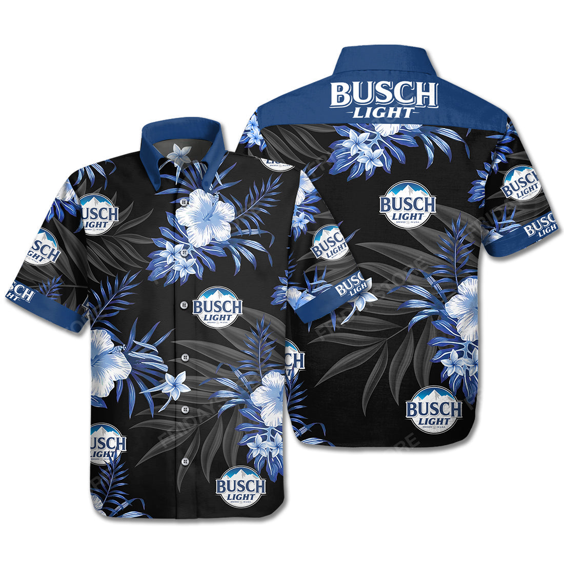  Beer Hawaiian Shirt Busch Light Logo Hibiscus Flower Pattern Blue Black