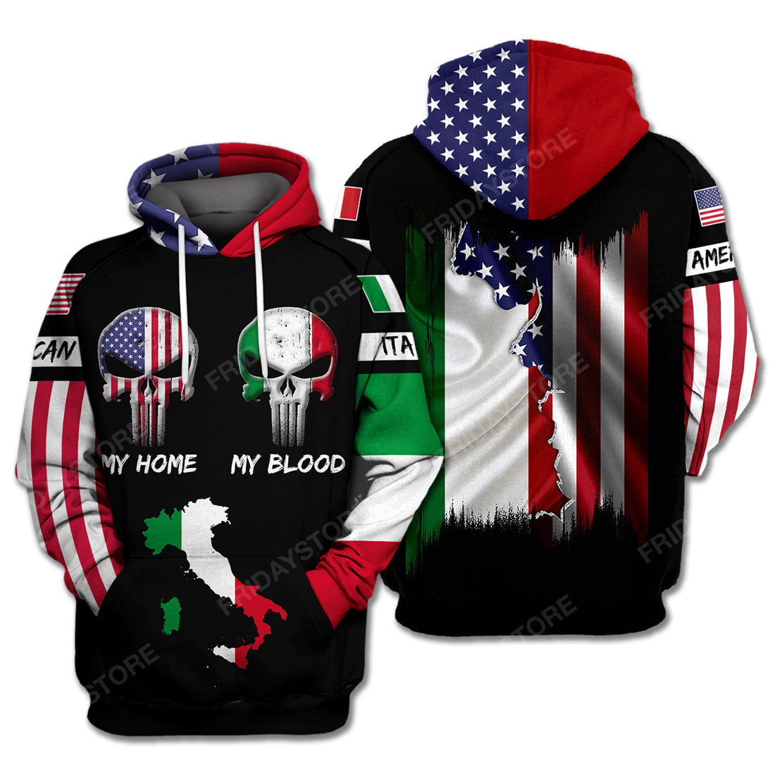 Italy Hoodie Skull Italy Map My Home My Blood Black American Flag Hoodie Apparel Women Men Full Print