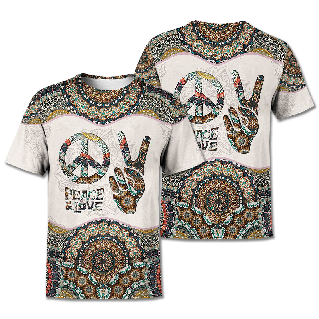  Hippie Hoodie Peace Sign Hand Mandala Green White T-shirt Hoodie Adult Unisex Full Print