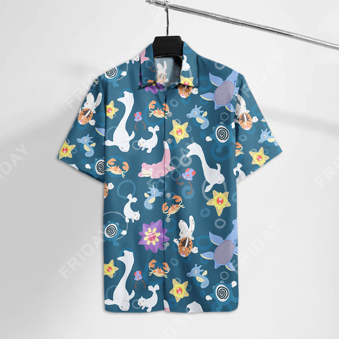 Pokemon Hawaiian Shirt Water Pokemon Dewgong Slowpoke Starmie Pattern Dark Ocean Blue Hawaii Aloha Shirt