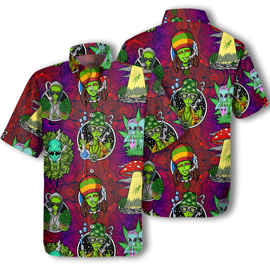 Unifinz UFO Alien Hawaiian Shirt UFO Alien Weed Hippie Trippy Hawaii Aloha Shirt 2022
