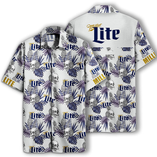 Beer Hawaiian Shirt Miller Lite Skull Pineapple Pattern Black White Hawaiian Aloha Shirt