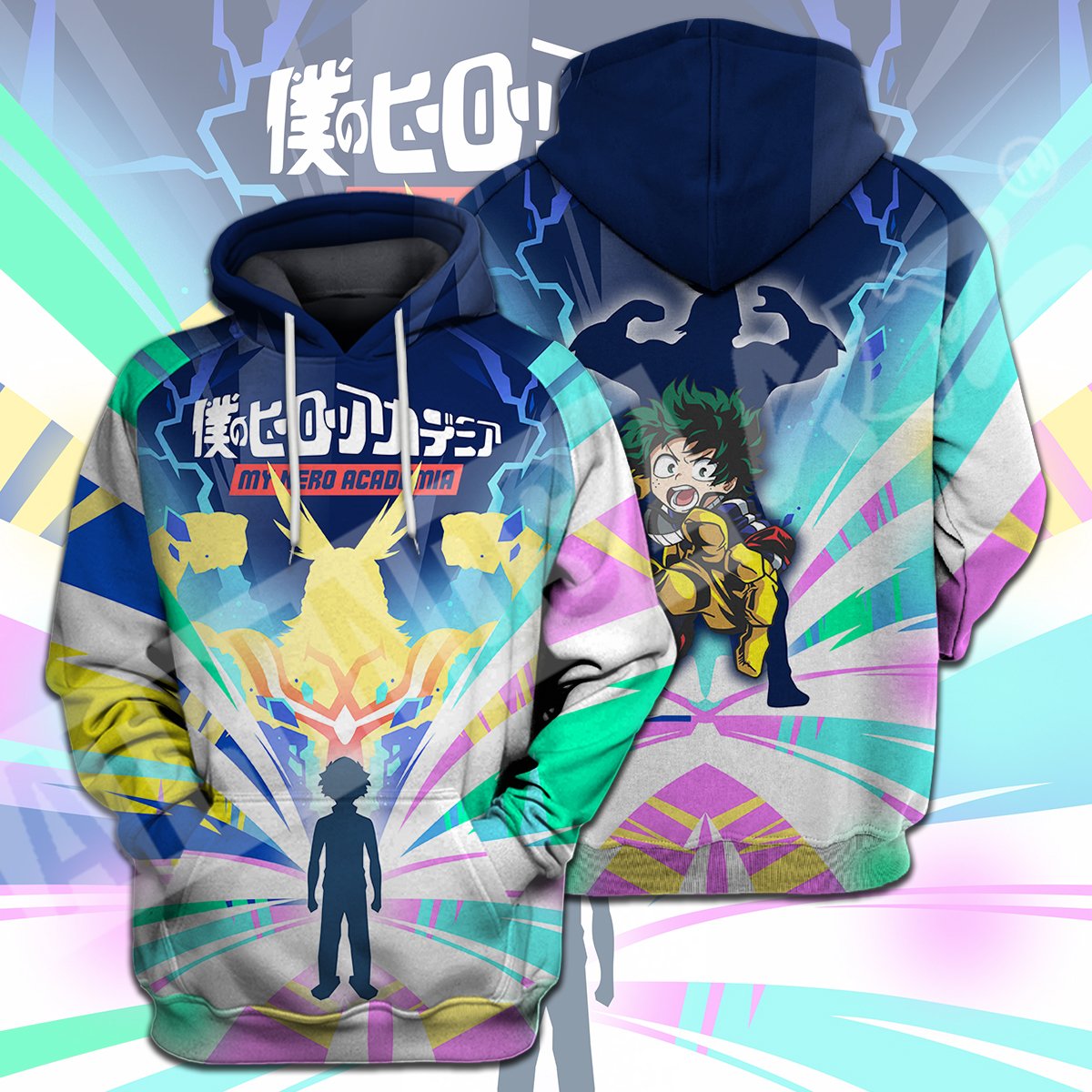  My Hero Academia T-shirt All Might Silhouette Midoriya Izuku My Hero Academia Logo Green Blue T-shirt Hoodie Adult Full Print