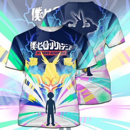  My Hero Academia T-shirt All Might Silhouette Midoriya Izuku My Hero Academia Logo Green Blue T-shirt Hoodie Adult Full Print