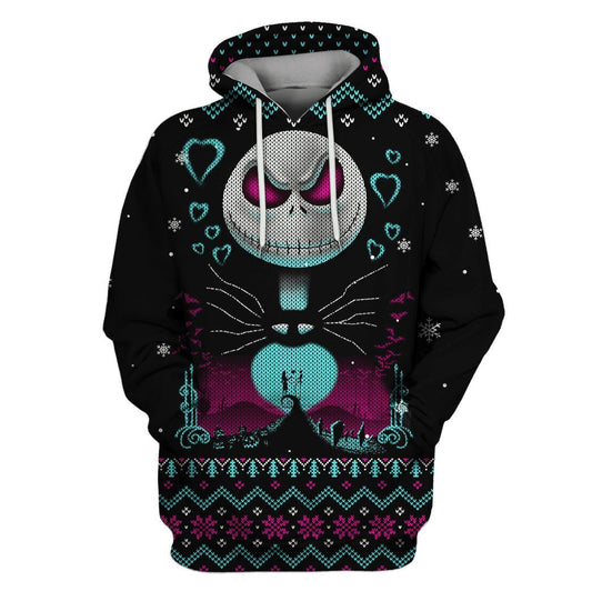  Nightmare Before Christmas Hoodie Jack Skellington Night Of Love Christmas Pattern Black Hoodie Adult Full Size