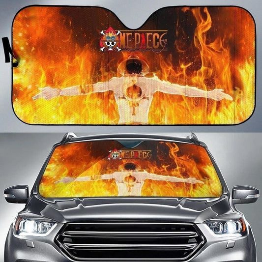  One Piece Car Sun Shade Ace On Fire One Piece Symbol Yellow Windshield Sun Shade