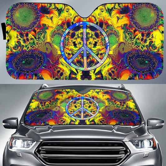  Hippie Car Sun Shade Peace Symbol Multicolor Sunflower Hippie Style Windshield Sun Shade