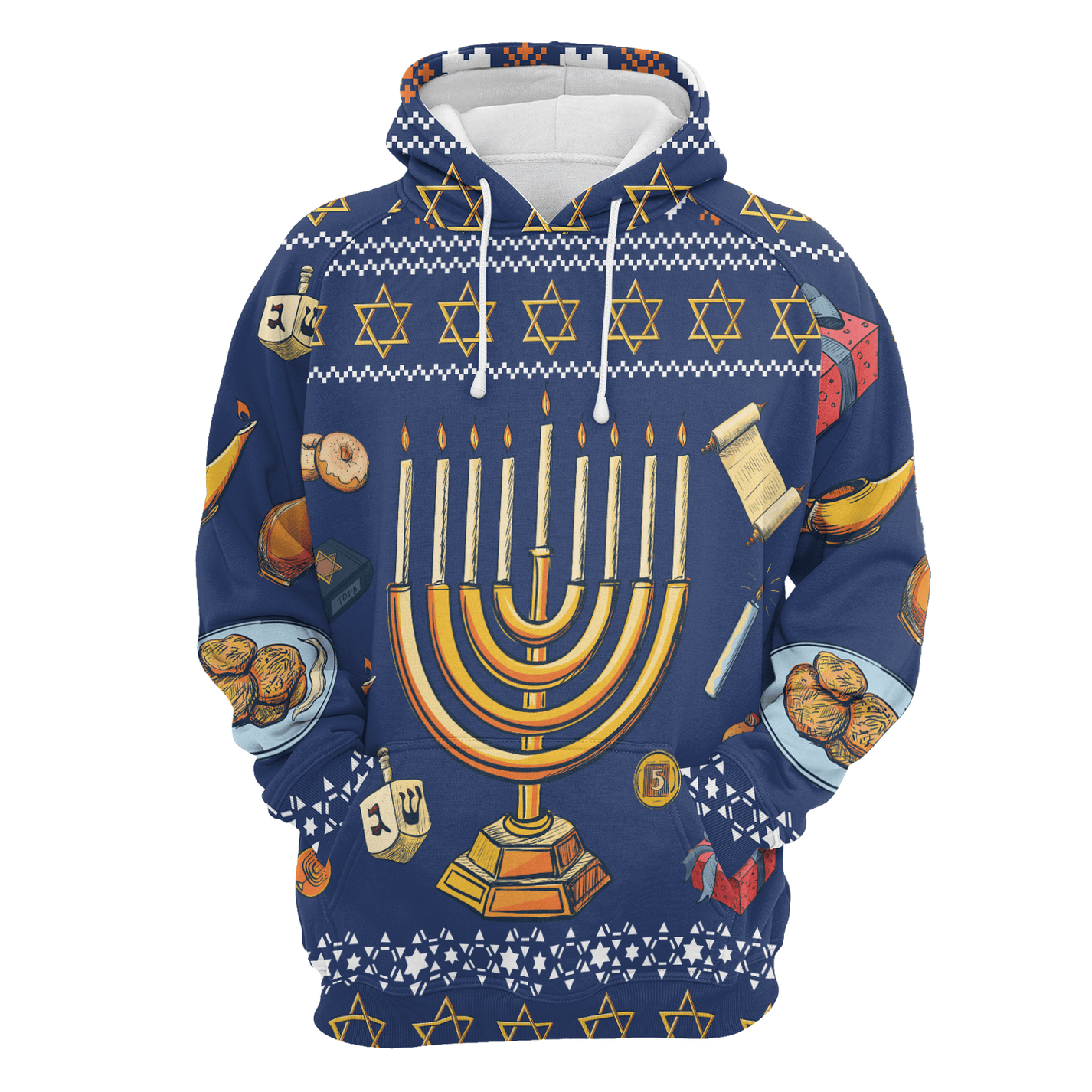 Hanukkah Hoodie Jewish Hanukkah Star Of David Pattern Hoodie Blue Unisex