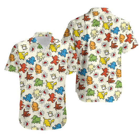 PKM Hawaii Shirt Pika Squirtle PKM Silhouette Pattern Aloha Shirt Colorful Unisex