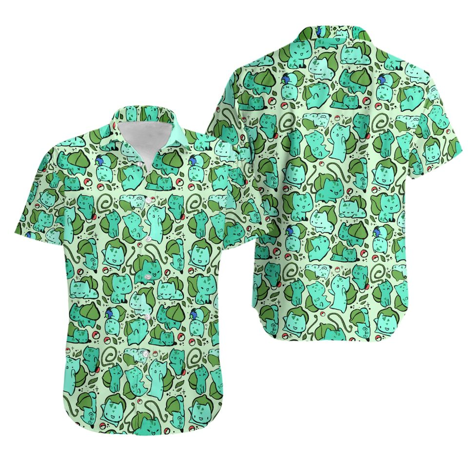 PKM Hawaii Shirt PKM Bulbasaur Chibi Pattern Aloha Shirt Green Unisex