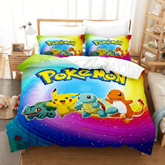 PKM Bedding Set Pikachu Squirtle Charmander Bulbasaur Duvet Covers Colorful Unique Gift