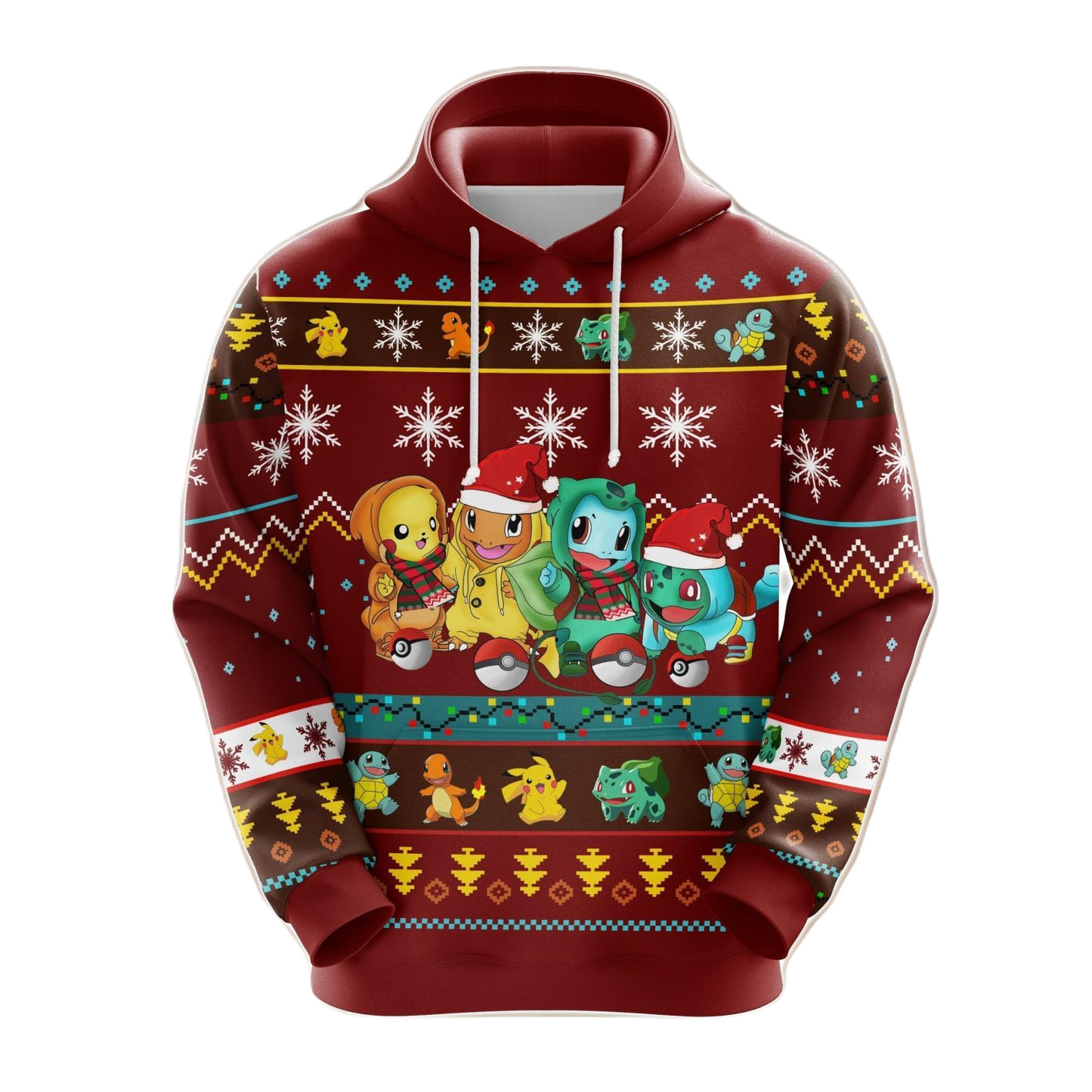 PKM Hoodie Pikachu Charmander Squirtle Bulbasaur Christmas Pattern Hoodie Red Unisex