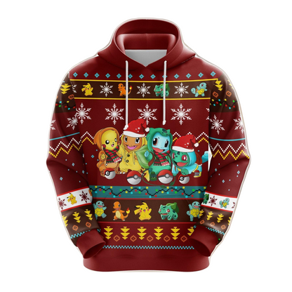 PKM Hoodie Pikachu Charmander Squirtle Bulbasaur Christmas Pattern Hoodie Red Unisex