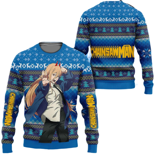 Chainsaw Man Sweatshirt Power Character Snowflakes Reindeer Pattern Sweatshirt Blue Unisex