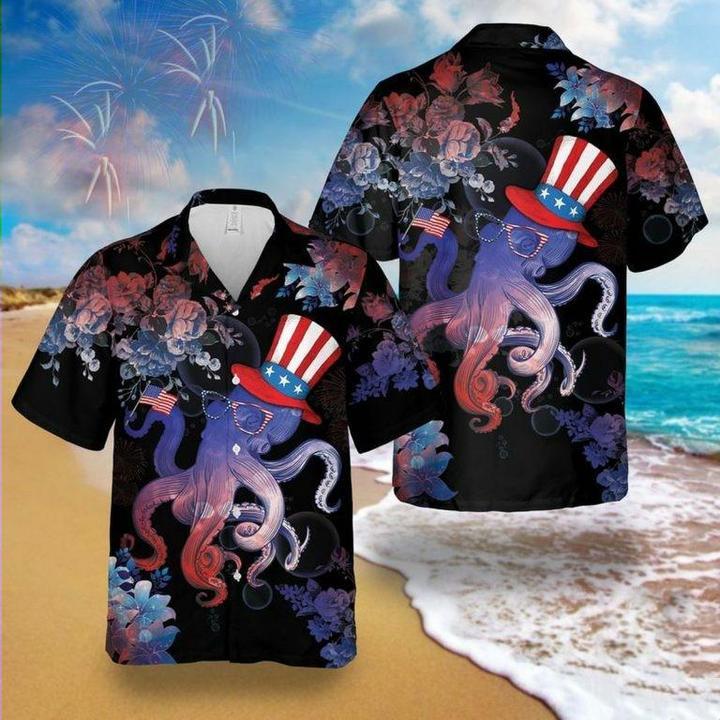 Unifinz 4th Of July Hawaiian Shirt Octopus Celebrates 4th Of July Flower Black Hawaii Aloha Shirt 2022