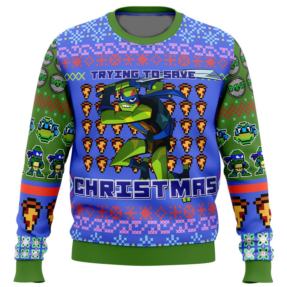 TMNT Sweatshirt Trying To Save Christmas Leonardo Sweatshirt Green Blue Unisex