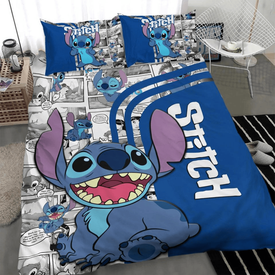 Lilo And Stitch Bedding Set Stitch Graphic Comic Style Duvet Covers Blue White Unique Gift