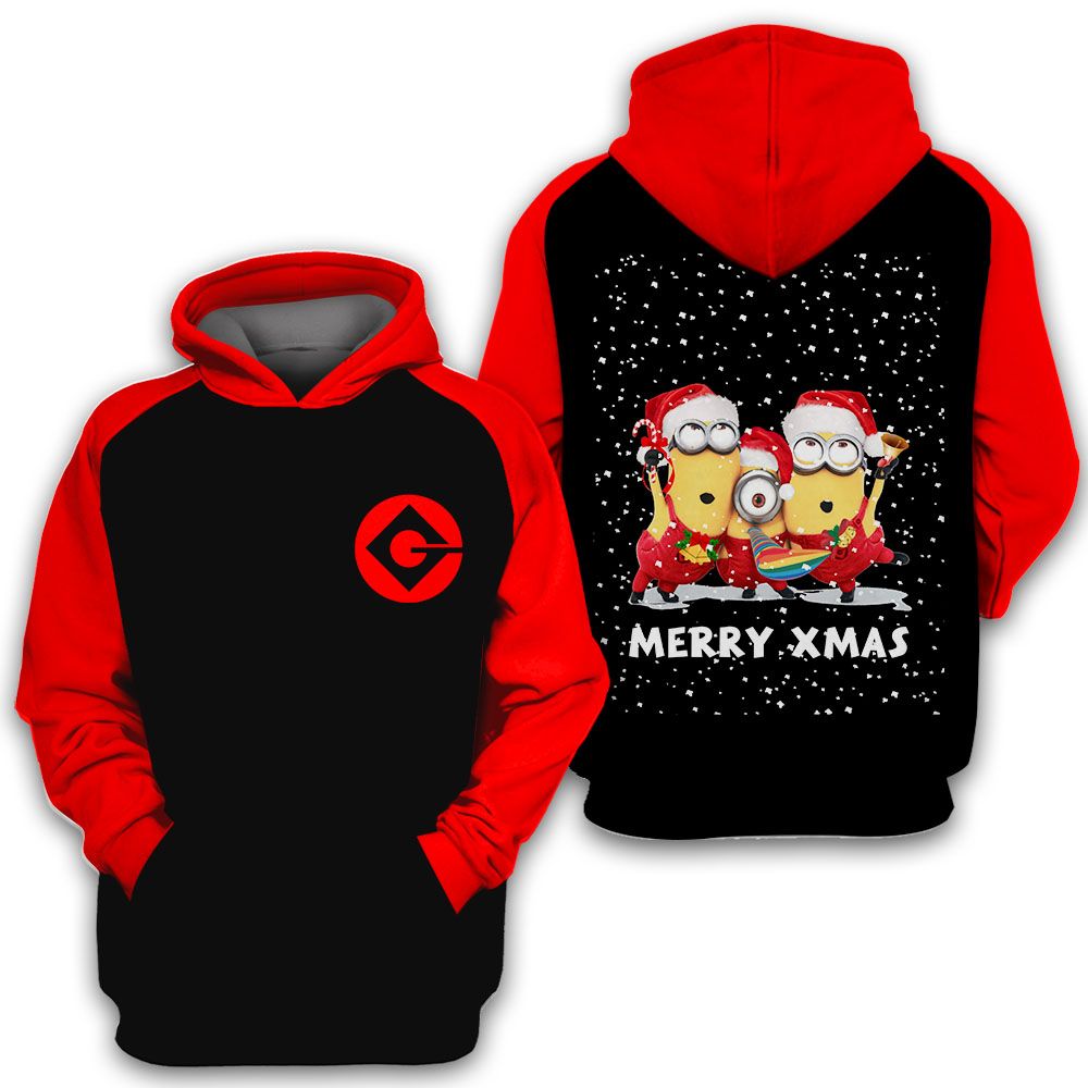 Minion Hoodie Minions Merry Xmas Christmas Snow Hoodie Red Black Unisex