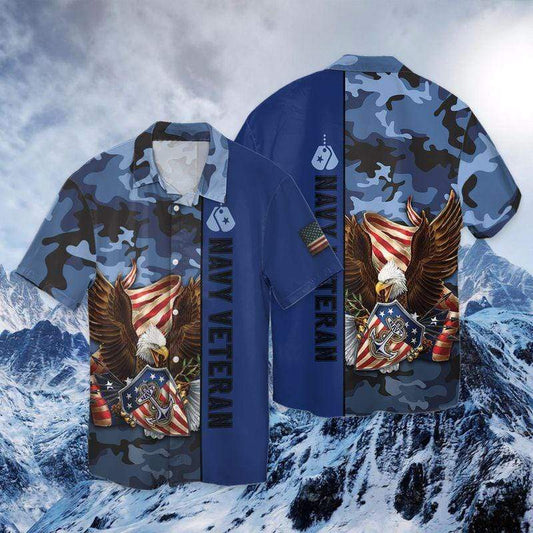 Unifinz Navy Veteran Hawaii Shirt Blue Eagle Patriot Camo Cool Hawaiian Shirt Navy Aloha Shirts 2022