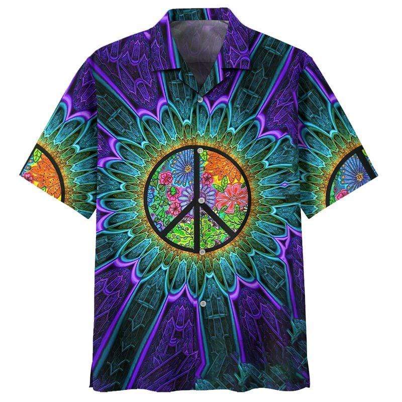  Hippie Shirt Peace Symbol Sunflower Green Blue Hawaii Aloha Shirt