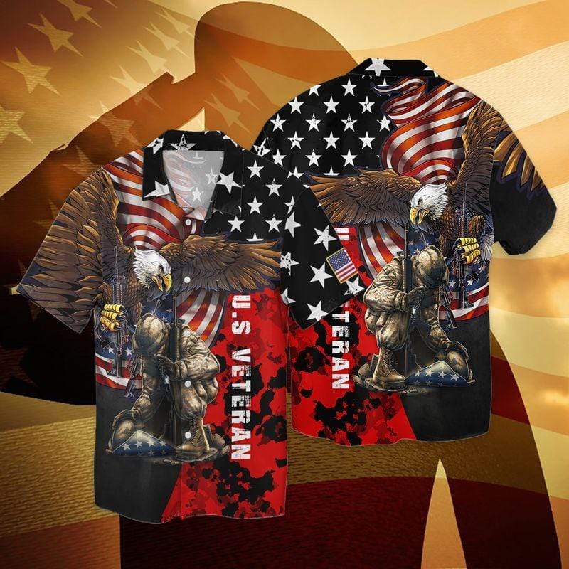 Unifinz Veteran Hawaii Shirt Black And Red Flag Eagle Soldier Cool High Quality Hawaiian Shirt Military Aloha Shirt 2022