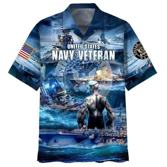 Unifinz US Navy Veteran Hawaiian Shirt Blue Full Size Adult Colorful Aloha Shirts Navy Aloha Shirt Military Hawaii Shirt 2022