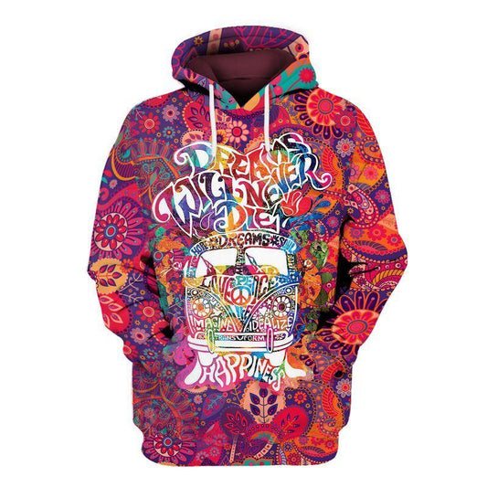  Hippie T-shirt Dream Never Die Happiness Flowers Red T-shirt Hoodie Adult Full Print