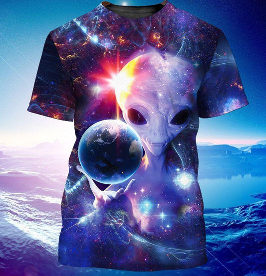 Unifinz Alien Shirt Alien And The Universe 3D Blue Galaxy T-shirt Adult Unisex Full Print 2022