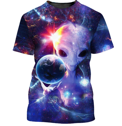 Unifinz Alien Shirt Alien And The Universe 3D Blue Galaxy T-shirt Adult Unisex Full Print 2022