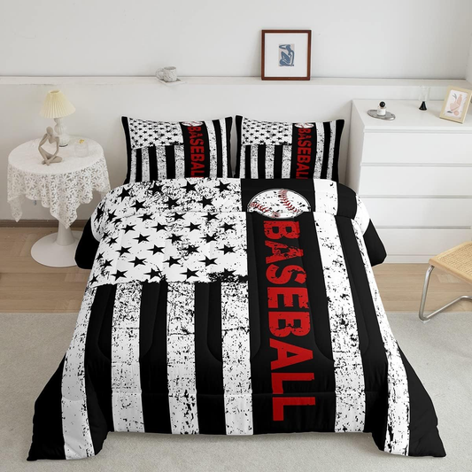 Baseball Bedding Set American Flag Stripe Baseball Graphic Duvet Covers Black White Unique Gift