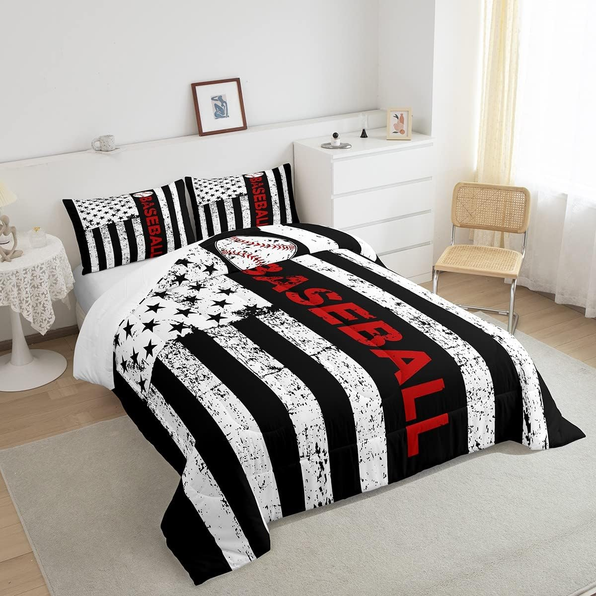 Baseball Bedding Set American Flag Stripe Baseball Graphic Duvet Covers Black White Unique Gift