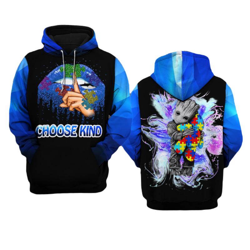 Autism Hoodie Autism Awareness Choose Kind Groot Graphic Hoodie Black Blue Unisex