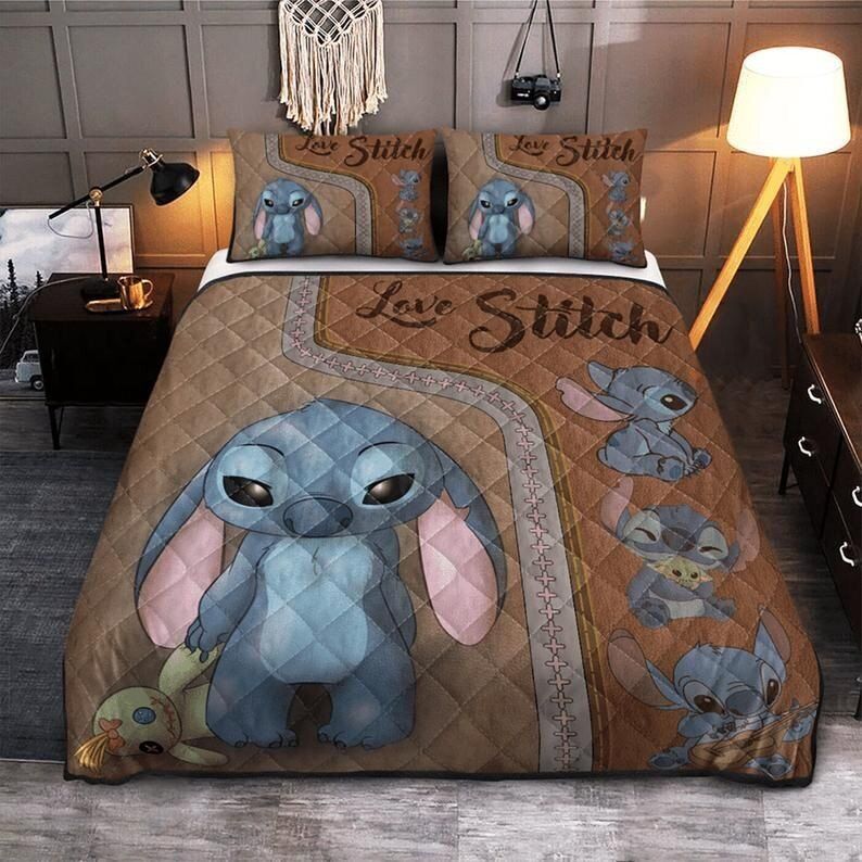 Lilo And Stitch Bedding Set Love Stitch And His Doll Graphic Duvet Covers Brown Unique Gift