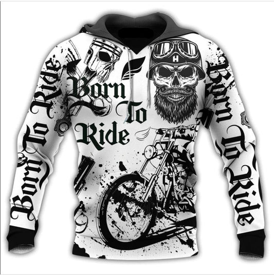 Motorcycle Hoodie Born To Ride Skull Hoodie Black White Unisex