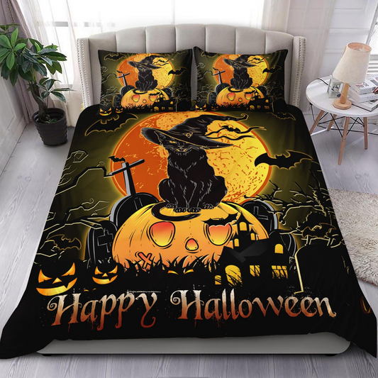 Halloween Bedding Set Halloween Night Black Cat Pumpkin Duvet Covers Orange Black Unique Gift