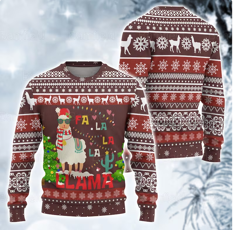 Llama Sweatshirt Cool Llama with Christmas Tree Sweatshirt Red White Unisex