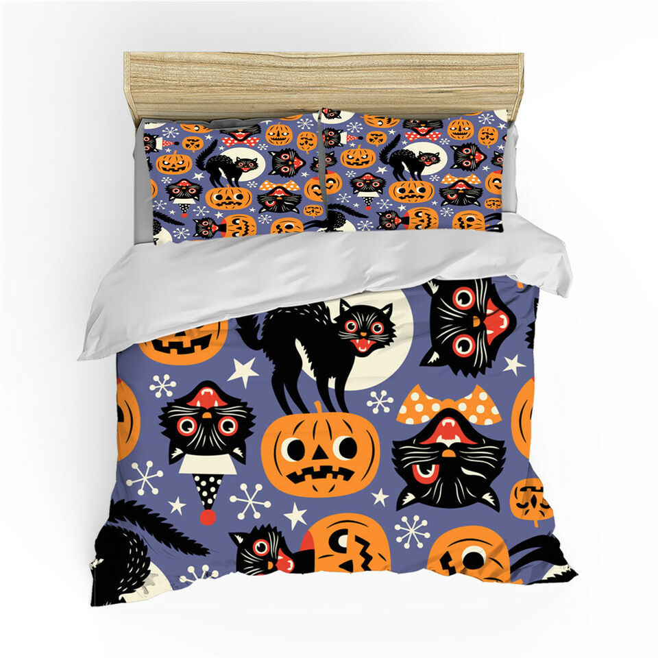 Halloween Bedding Set Pumpkin Black Cat Pattern Duvet Covers Purple Unique Gift