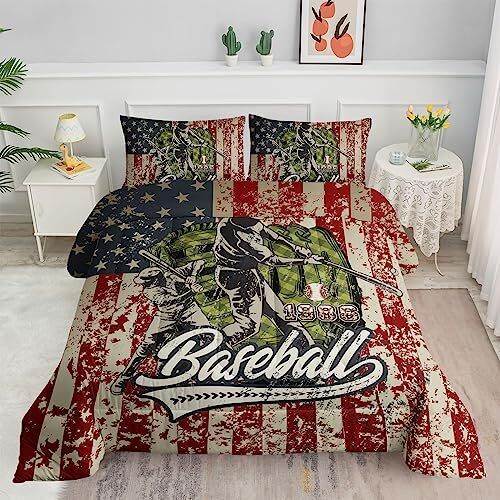 Baseball Bedding Set Baseball 1986 Vintage American Flag Duvet Covers Colorful Unique Gift