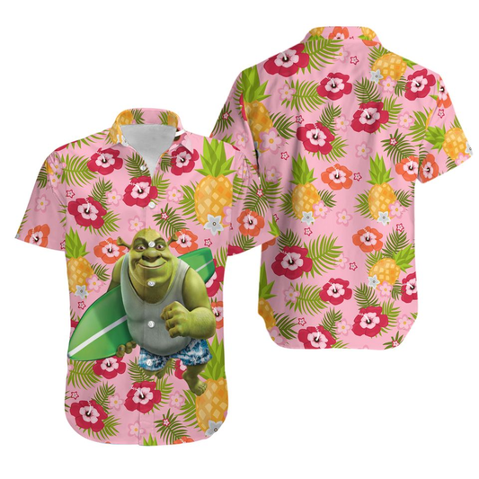 Shrek Hawaii Shirt Shrek Surfboard Tropical Flower Pattern Aloha Shirt Pink Unisex