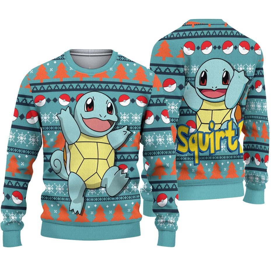 PKM Sweatshirt PKM Squirtle Pokeball Christmas Tree Pattern Sweatshirt Blue Unisex