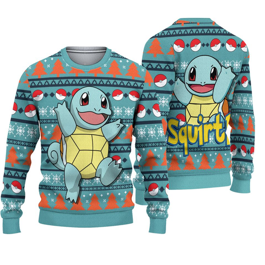 PKM Sweatshirt PKM Squirtle Pokeball Christmas Tree Pattern Sweatshirt Blue Unisex