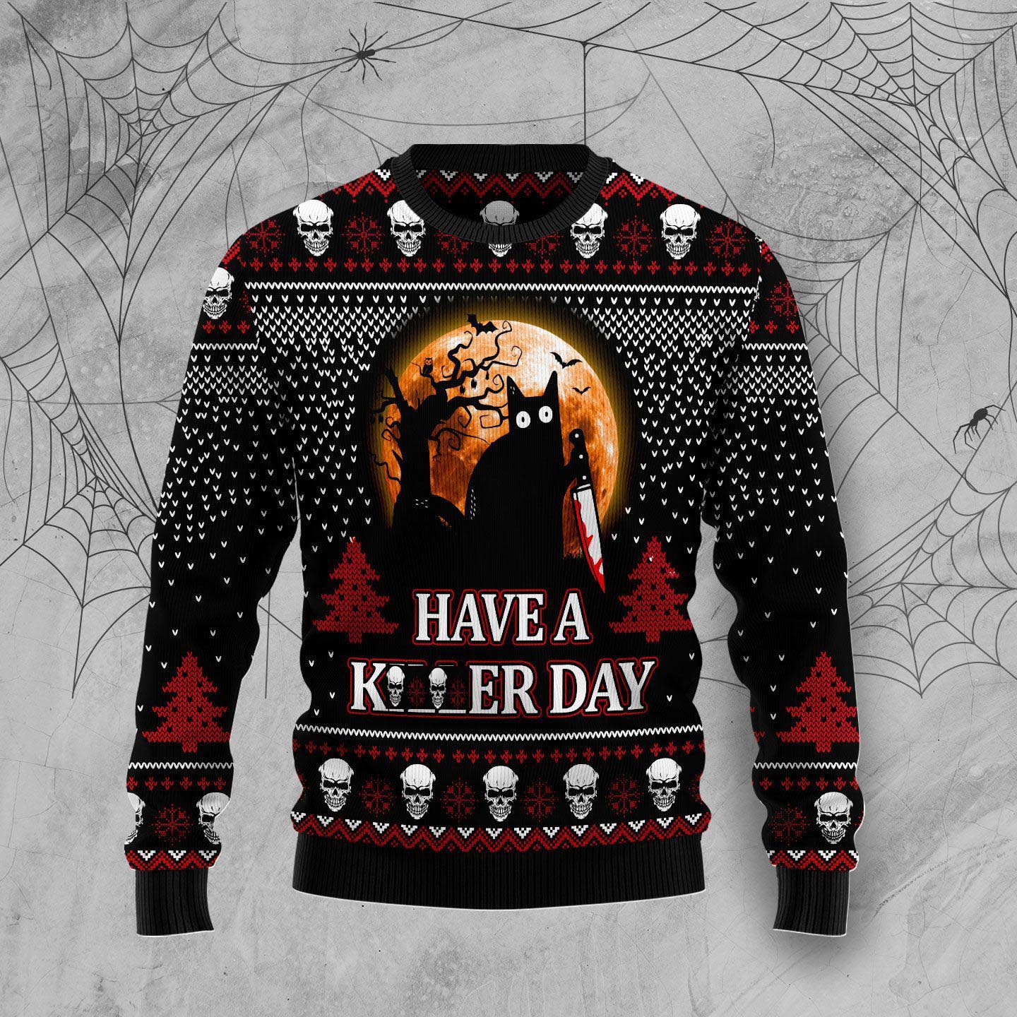 Cat Ugly Sweater Black Cat Halloween Have A Killer Day Black Red Sweater