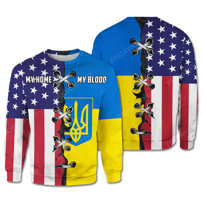 Ukraine T-Shirt Ukraine And America Flag My Home My Blood Hoodie Ukraine Hoodie