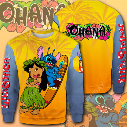 Unifinz LAS T-shirt Lilo And St Surfing Ohana 3D Print T-shirt Awesome High Quality DN Stitch Hoodie Sweater Tank 2024