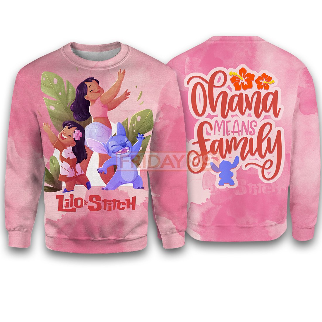 Pink Lilo & Stitch Ohana Means Family All Over Print Hoodie T-shirt