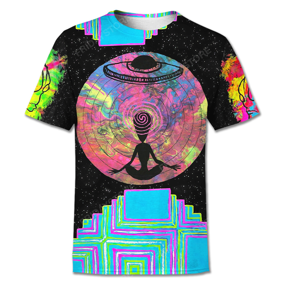 Unifinz UFO Alien Shirt UFO Alien Meditating Multicolor Space T-shirt Black Adult Unisex Full Print 2022